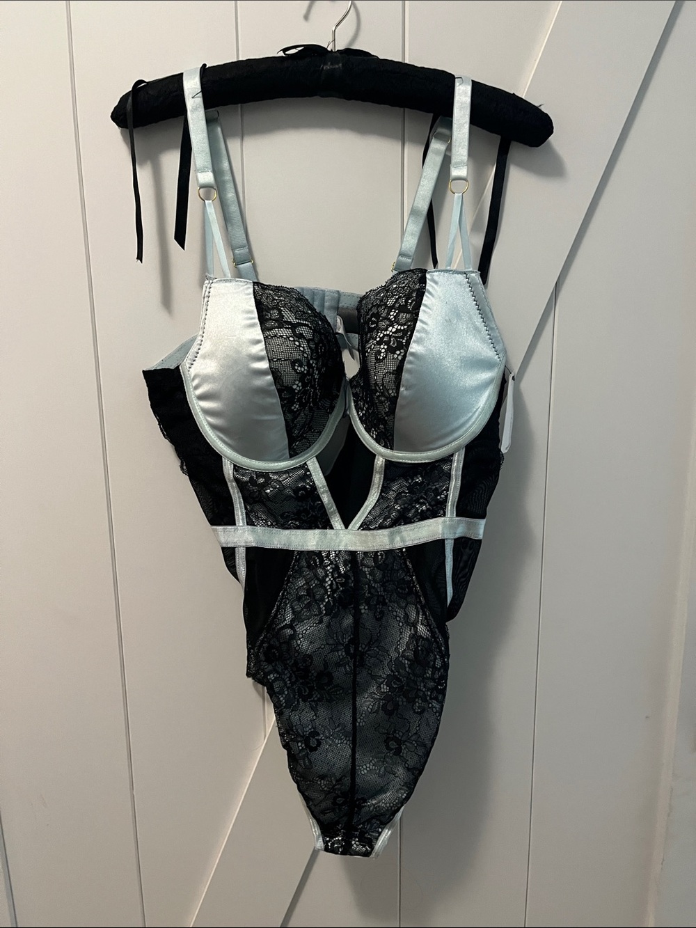 French Affair Satin & Lace Bodysuit Lingerie - Black and Silver